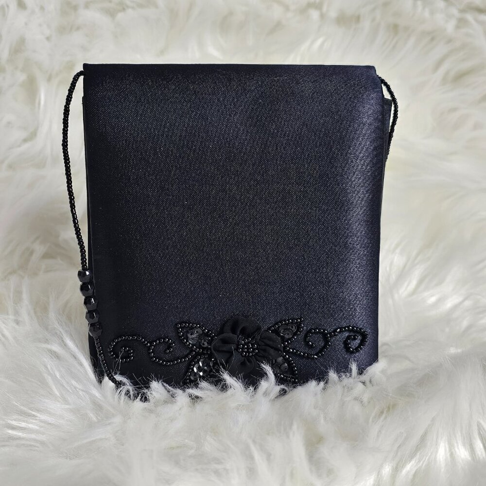 Jessica Mcclintock Black Satin Beaded Vintage Cocktail Shoulder Bag